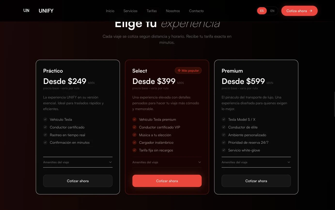 Three service tiers (Práctico/Select/Premium)